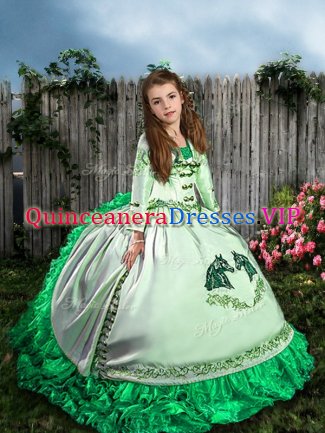 Sleeveless Embroidery and Ruffles Lace Up Little Girls Pageant Gowns with White Sweep Train