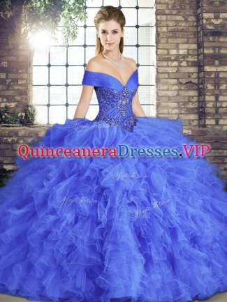 Blue Ball Gowns Beading and Ruffles 15 Quinceanera Dress Lace Up Tulle Sleeveless Floor Length