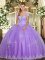 Lavender Ball Gowns Strapless Sleeveless Tulle Floor Length Lace Up Appliques 15 Quinceanera Dress
