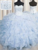 Scalloped Floor Length Ball Gowns Sleeveless Light Blue Quinceanera Dresses Lace Up