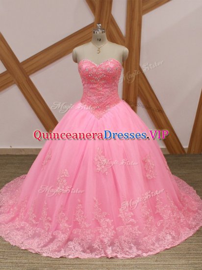 Rose Pink Sleeveless Brush Train Beading and Lace Quinceanera Dresses - Click Image to Close