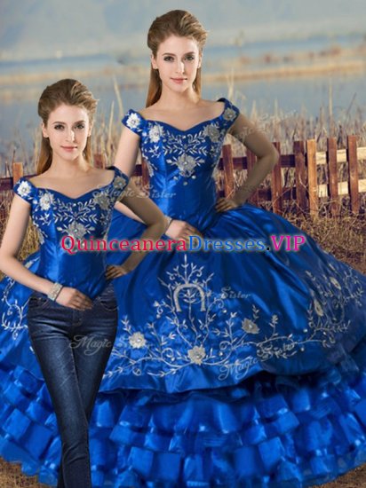 Royal Blue Sweet 16 Dress Sweet 16 and Quinceanera with Embroidery and Ruffled Layers Off The Shoulder Sleeveless Lace Up - Click Image to Close