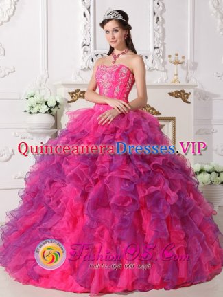 Elegant Satin and Organza With Embroidery Hot Pink and Purple For Bottineau North Dakota/ND Quinceanera Dress Sweetheart Ruffled Ball Gown