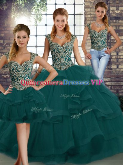 Low Price Peacock Green Sleeveless Beading and Ruffles Floor Length Quinceanera Gowns - Click Image to Close