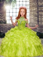 Sleeveless Floor Length Beading and Ruffles Lace Up Pageant Dress with Yellow Green