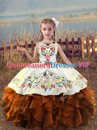 Rust Red Sleeveless Floor Length Embroidery and Ruffles Lace Up Little Girls Pageant Dress Wholesale