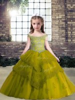 Glorious Off The Shoulder Sleeveless Lace Up Child Pageant Dress Olive Green Tulle(SKU PAG1227-6BIZ)