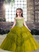 Glorious Off The Shoulder Sleeveless Lace Up Child Pageant Dress Olive Green Tulle
