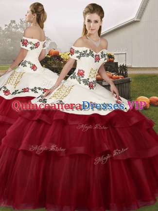 Wine Red Lace Up Off The Shoulder Embroidery and Ruffled Layers Quince Ball Gowns Tulle Sleeveless Brush Train