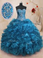 Fashionable Blue Lace Up Vestidos de Quinceanera Beading and Ruffles Sleeveless With Train Sweep Train
