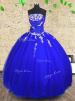 Exquisite Tulle Strapless Sleeveless Lace Up Appliques and Ruching 15 Quinceanera Dress in Royal Blue