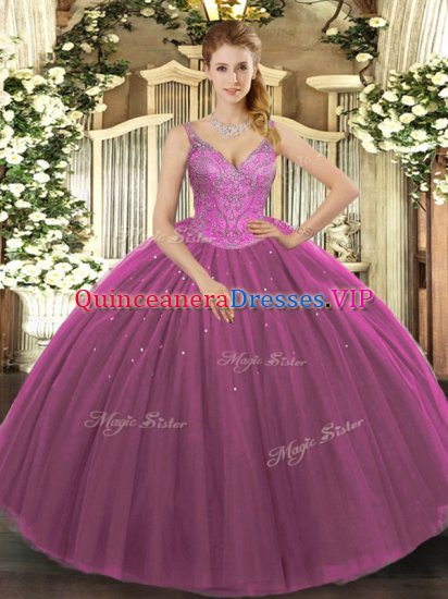 Tulle V-neck Sleeveless Lace Up Beading Ball Gown Prom Dress in Fuchsia - Click Image to Close
