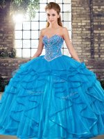 Comfortable Floor Length Lace Up Quince Ball Gowns Blue for Military Ball and Sweet 16 and Quinceanera with Beading and Ruffles