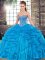Comfortable Floor Length Lace Up Quince Ball Gowns Blue for Military Ball and Sweet 16 and Quinceanera with Beading and Ruffles