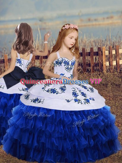 Elegant Long Sleeves Floor Length Embroidery and Ruffled Layers Lace Up Pageant Gowns with Royal Blue - Click Image to Close