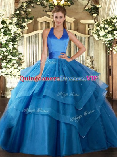 High End Blue Sleeveless Tulle Lace Up Quinceanera Gown for Military Ball and Sweet 16 and Quinceanera - Click Image to Close