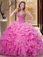 Comfortable Rose Pink Ball Gowns Sweetheart Sleeveless Organza Floor Length Lace Up Beading and Ruffles and Pick Ups Quince Ball Gowns