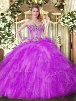 Adorable Fuchsia Tulle Lace Up Sweet 16 Quinceanera Dress Sleeveless Floor Length Beading and Ruffles