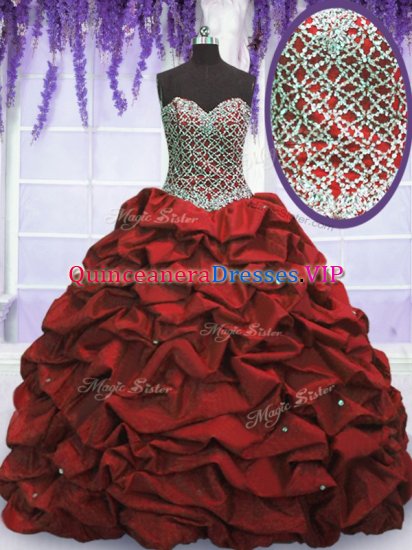 Clearance Sleeveless Taffeta Floor Length Lace Up Ball Gown Prom Dress in Wine Red with Beading and Sequins and Pick Ups - Click Image to Close