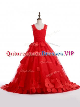 Hot Sale Red Straps Lace Up Appliques Child Pageant Dress Brush Train Sleeveless