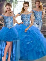Attractive Beading and Ruffles 15th Birthday Dress Blue Lace Up Sleeveless Brush Train