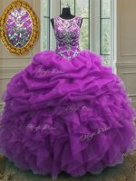 Elegant Scoop Sleeveless Organza 15th Birthday Dress Beading and Ruffles and Pick Ups Lace Up