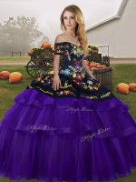 Black And Purple Ball Gowns Off The Shoulder Sleeveless Tulle Brush Train Lace Up Embroidery and Ruffled Layers 15th Birthday Dress