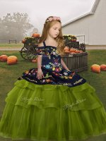 Enchanting Straps Sleeveless Little Girls Pageant Gowns Floor Length Embroidery Olive Green Tulle