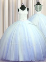 Flare See Through Zipper Up Light Blue Zipper V-neck Beading and Appliques Sweet 16 Quinceanera Dress Tulle Sleeveless Brush Train