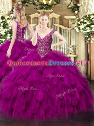 Low Price Fuchsia V-neck Neckline Beading and Ruffles Quinceanera Dress Sleeveless Lace Up
