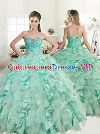 Stunning Apple Green Ball Gowns Sweetheart Sleeveless Organza and Taffeta Floor Length Lace Up Beading and Ruffles Sweet 16 Dresses