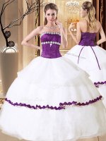 White Lace Up Strapless Beading and Embroidery and Ruffled Layers Quinceanera Dress Organza Sleeveless