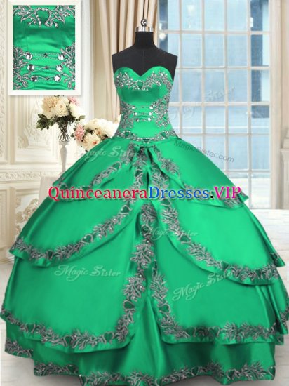 Modest Turquoise Taffeta Lace Up Sweetheart Sleeveless Floor Length 15 Quinceanera Dress Beading and Embroidery and Ruffled Layers - Click Image to Close