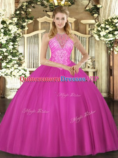 Sophisticated Fuchsia Sleeveless Beading Floor Length Quinceanera Dress - Click Image to Close