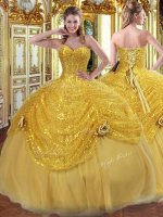 Gold Sleeveless Floor Length Pick Ups and Hand Made Flower Lace Up Quince Ball Gowns
