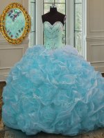 Fashionable Blue Lace Up Sweetheart Beading and Pick Ups Quince Ball Gowns Organza Sleeveless Sweep Train