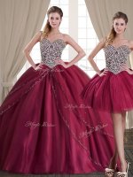 Three Piece Sweetheart Sleeveless 15th Birthday Dress Floor Length Beading Burgundy Tulle
