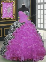Glamorous Fuchsia Ball Gowns Organza and Printed Sweetheart Sleeveless Beading and Ruffles and Pattern With Train Lace Up Ball Gown Prom Dress Brush Train