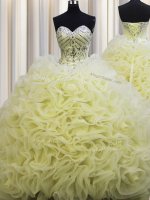 Romantic Brush Train Fabric With Rolling Flowers Sleeveless Floor Length Quinceanera Gown and Beading and Pick Ups
