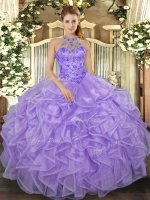 Floor Length Lavender Quinceanera Dress Halter Top Sleeveless Lace Up
