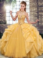 Gold Halter Top Lace Up Beading and Ruffles Quinceanera Dresses Sleeveless