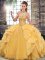 Gold Halter Top Lace Up Beading and Ruffles Quinceanera Dresses Sleeveless