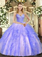 Lavender Ball Gowns Tulle V-neck Sleeveless Beading and Ruffles Floor Length Lace Up Quinceanera Dress