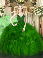 Trendy Green Zipper 15 Quinceanera Dress Beading and Ruffles Sleeveless Floor Length