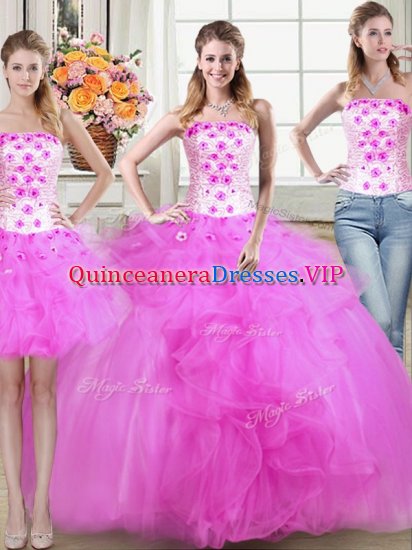 Three Piece Mermaid Fuchsia Sleeveless Beading and Appliques and Ruffles Floor Length Sweet 16 Quinceanera Dress - Click Image to Close