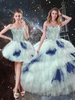 Enchanting Sweetheart Sleeveless Quince Ball Gowns Floor Length Beading and Ruffled Layers and Sequins Blue And White Tulle