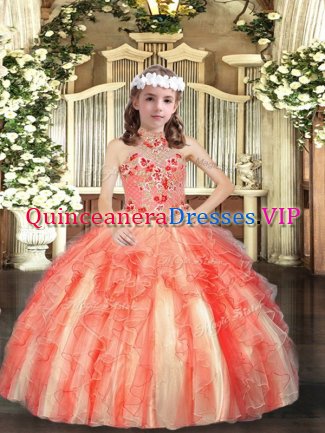 Orange Red Sleeveless Appliques and Ruffles Floor Length Child Pageant Dress