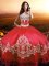 Sleeveless Taffeta Floor Length Lace Up 15th Birthday Dress in Coral Red with Beading and Appliques and Embroidery