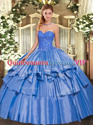 Sleeveless Organza and Taffeta Floor Length Lace Up Quinceanera Gown in Blue with Beading and Ruffled Layers