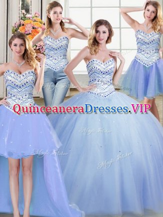 Chic Four Piece Light Blue Ball Gowns Tulle Sweetheart Sleeveless Beading Floor Length Lace Up Sweet 16 Dresses